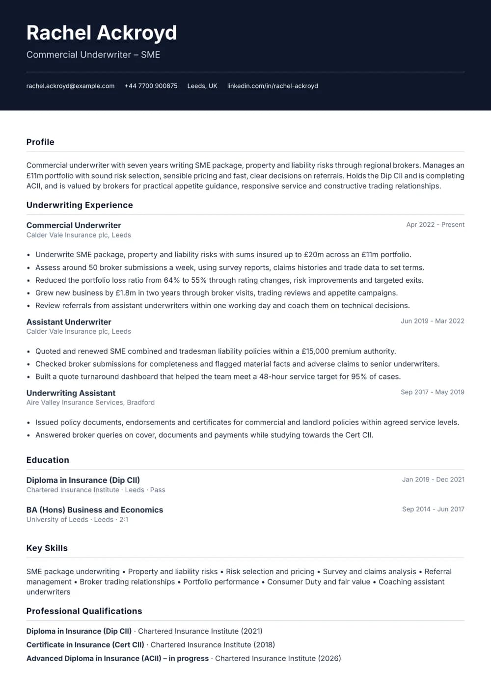 SME Package Underwriter CV template
