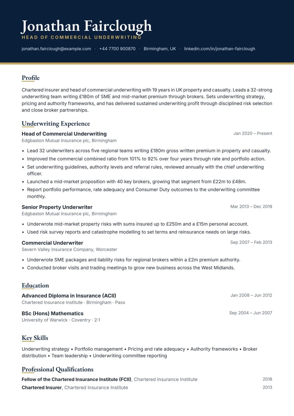 Head of Underwriting CV template
