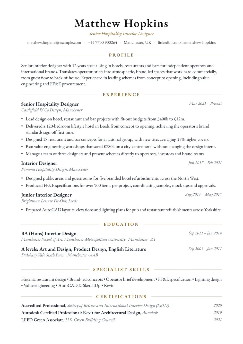 Hospitality Designer CV template