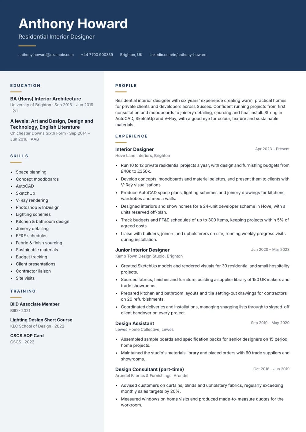 Residential Interior Designer CV template