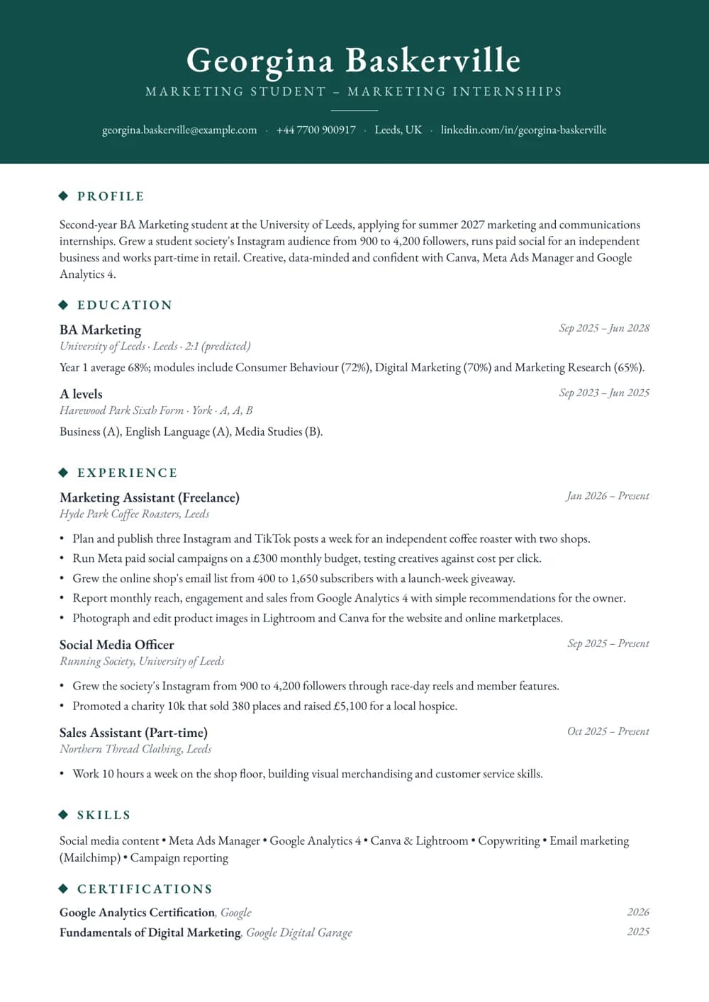 marketing internship cv template