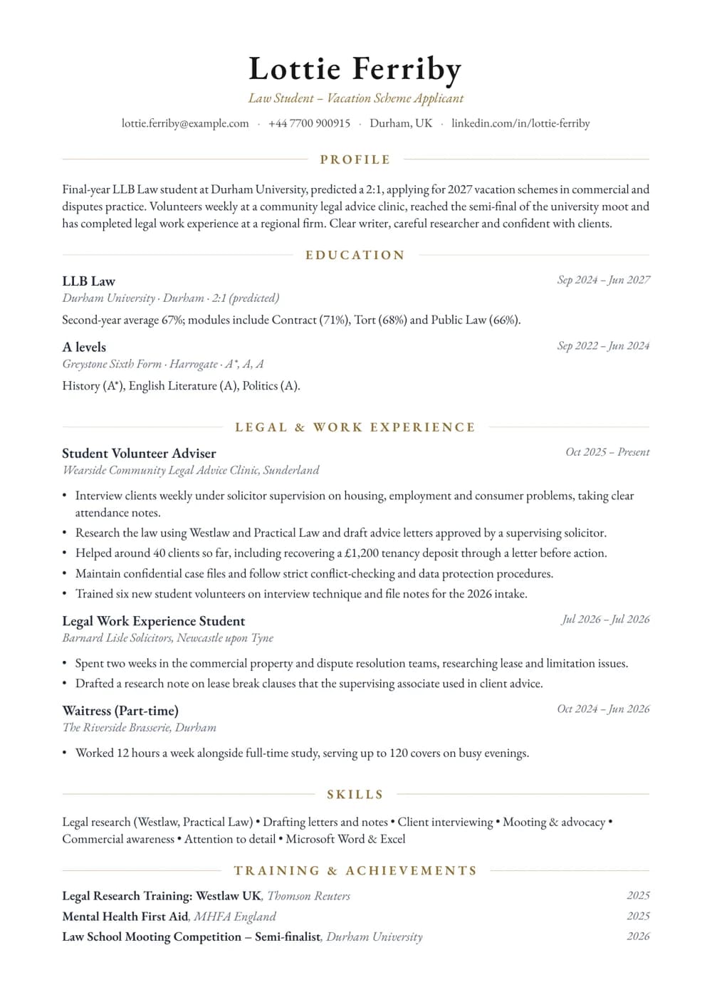 law vacation scheme cv template