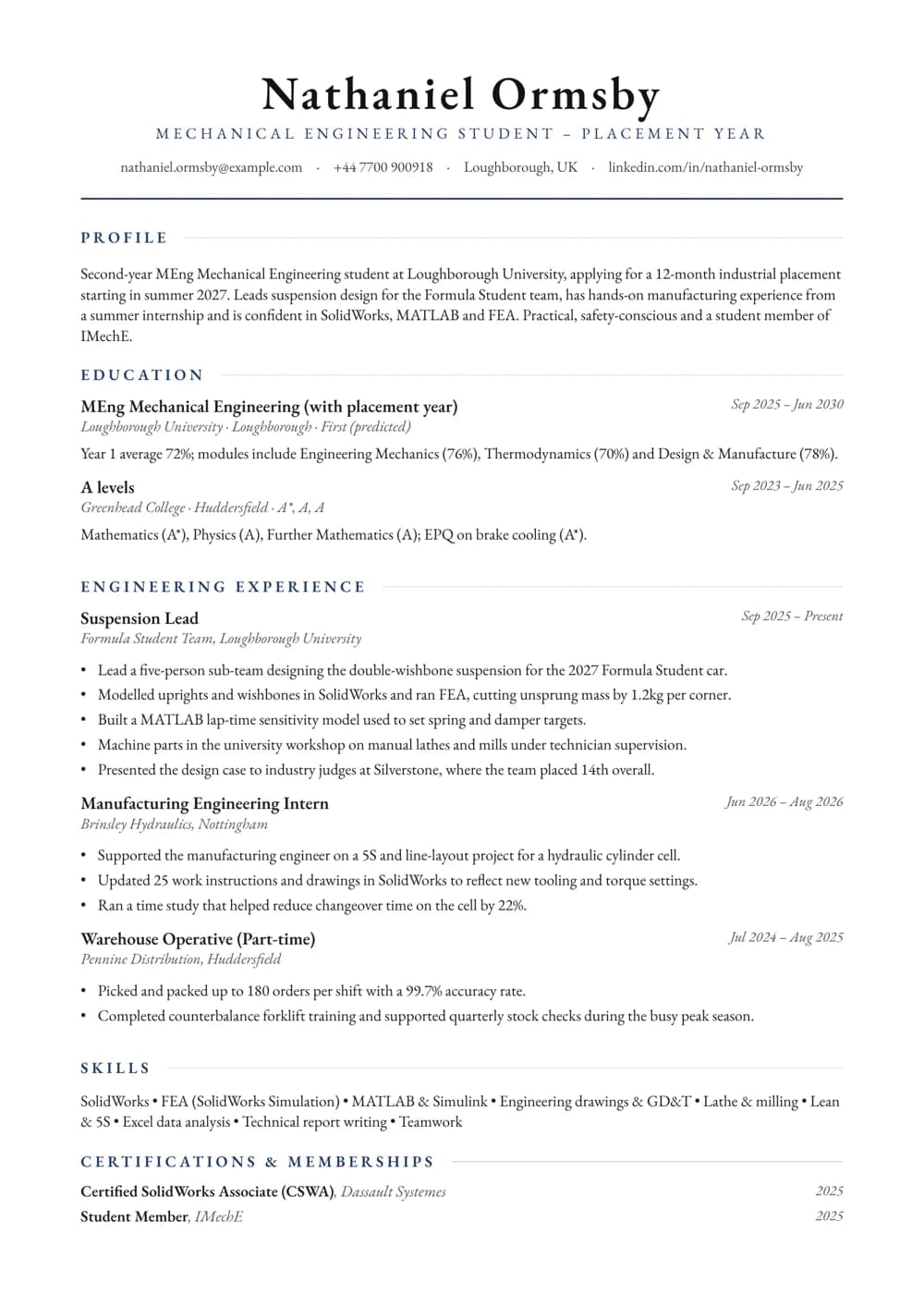 engineering placement cv template