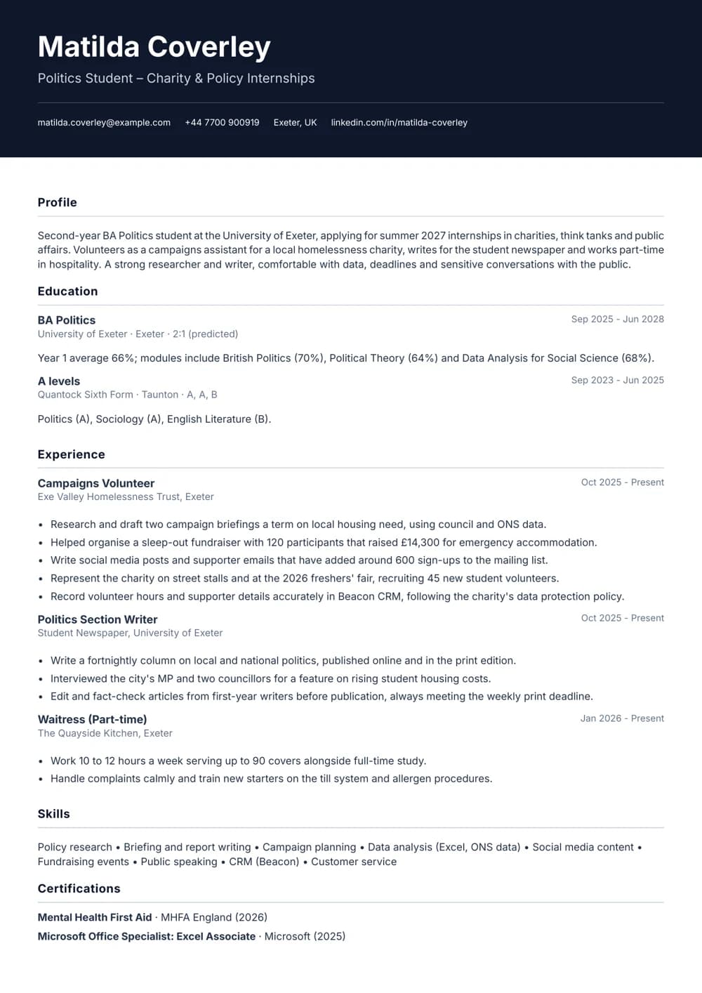 charity & policy internship cv template