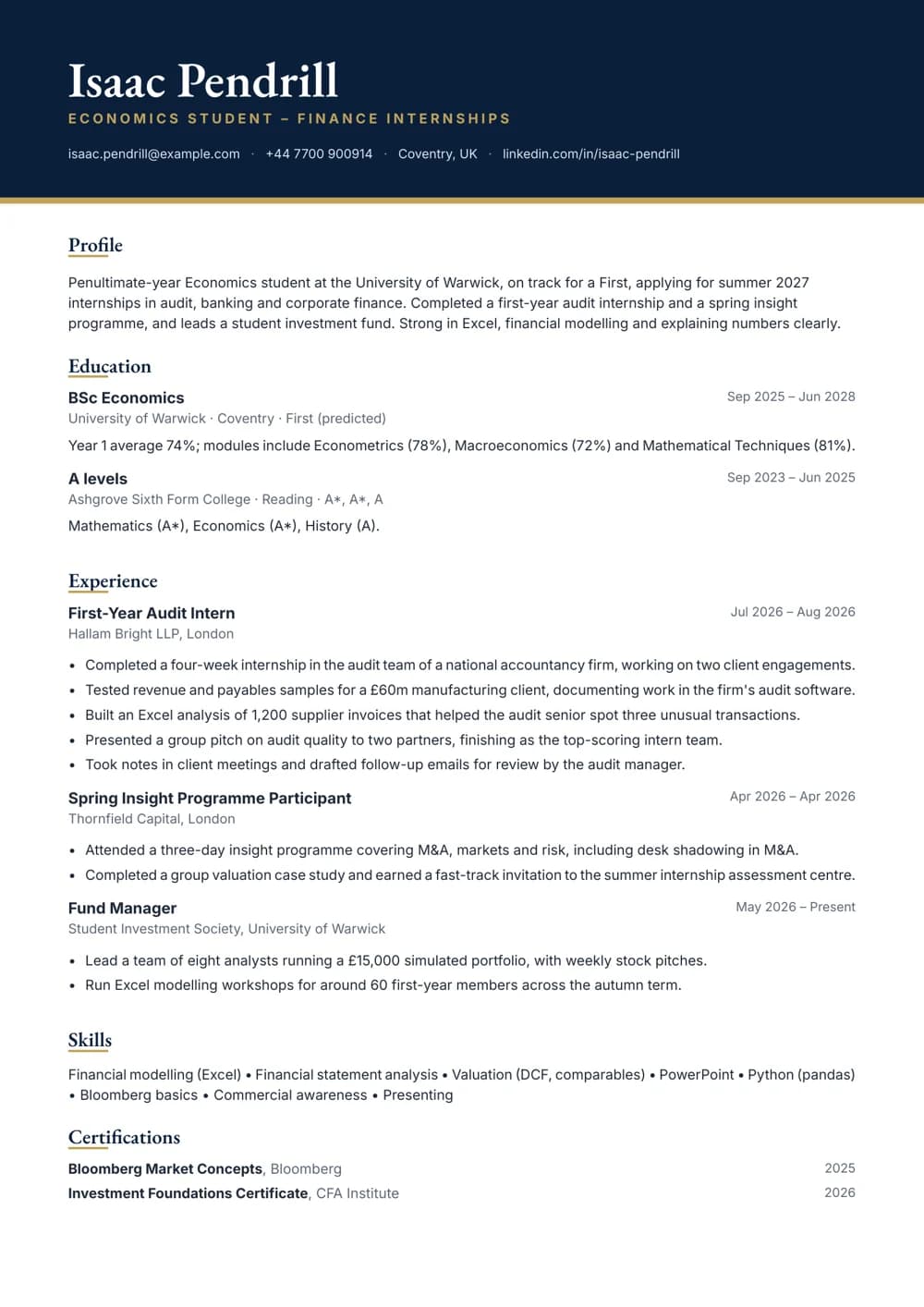finance internship cv template