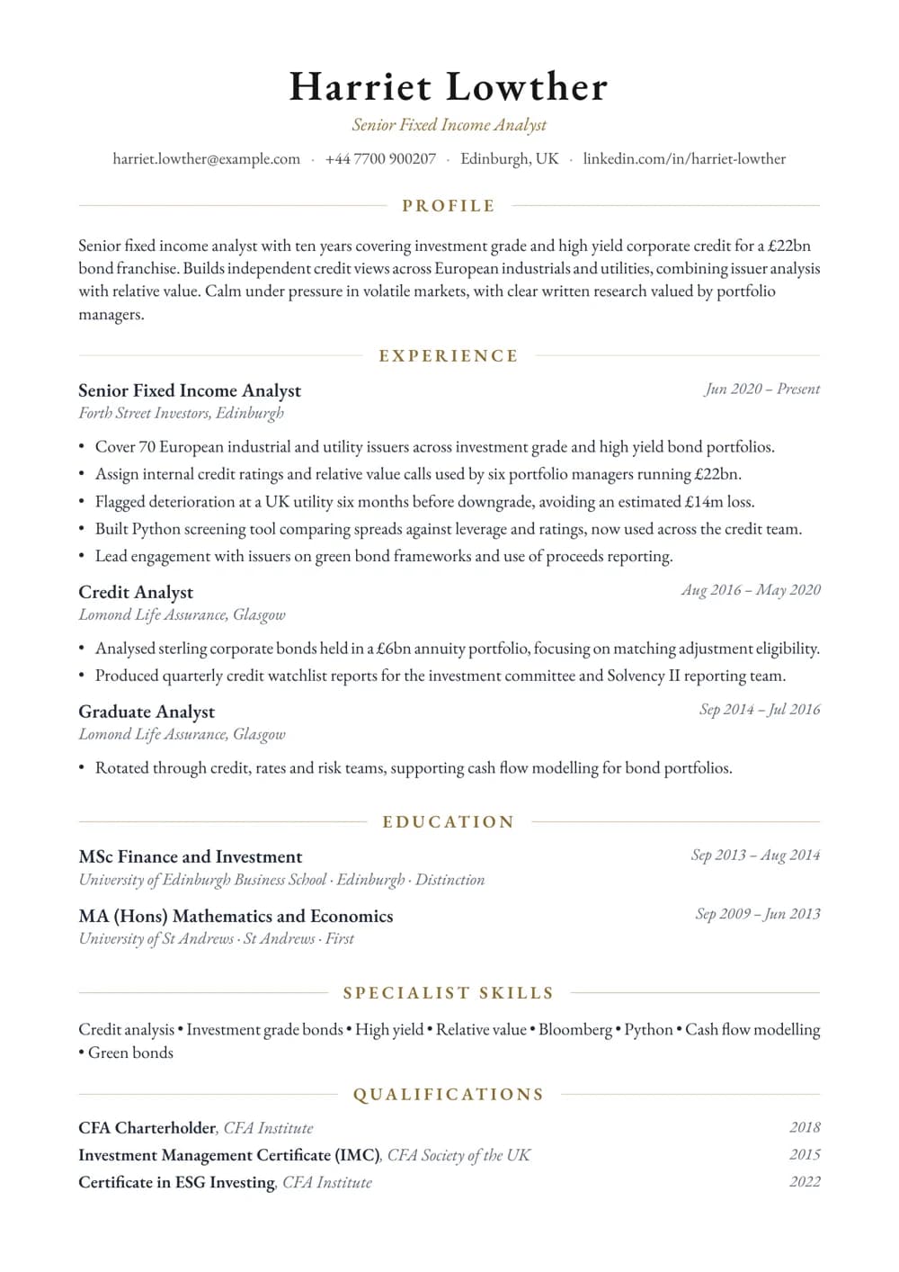 Fixed Income Analyst CV template