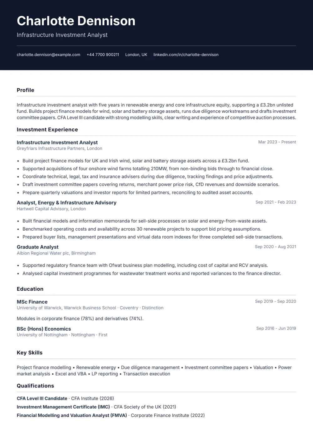 Infrastructure Investment Analyst CV template