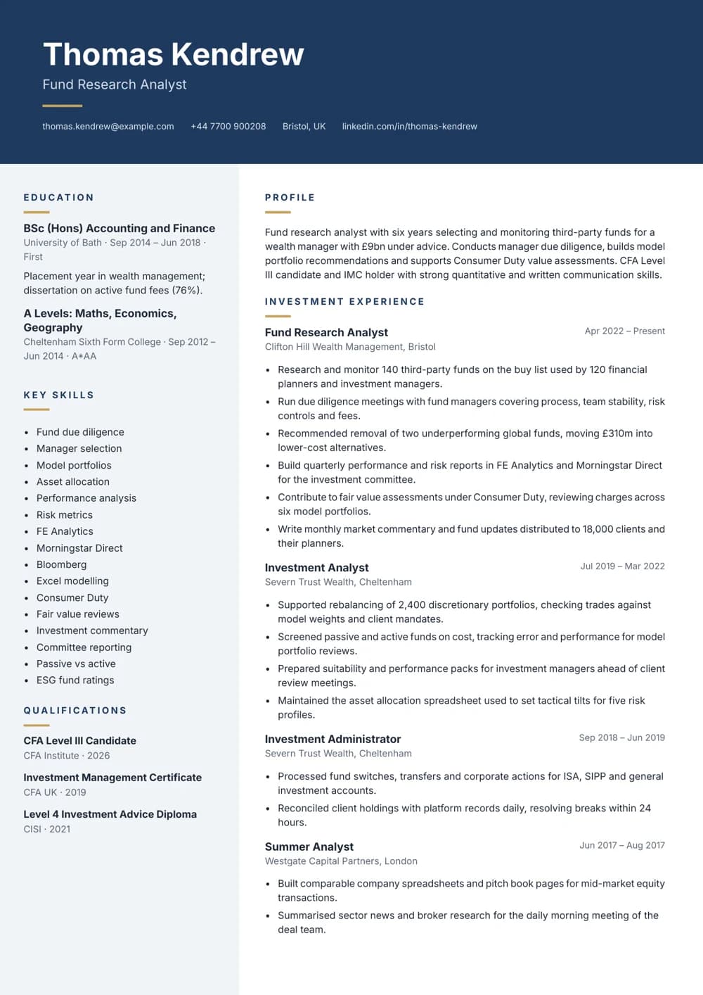 Fund Research Analyst CV template