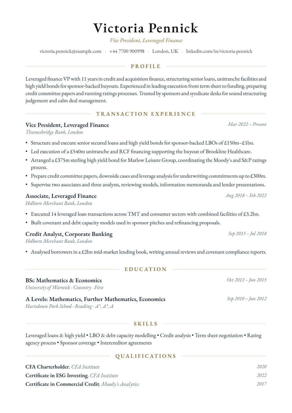 leveraged finance vp cv template