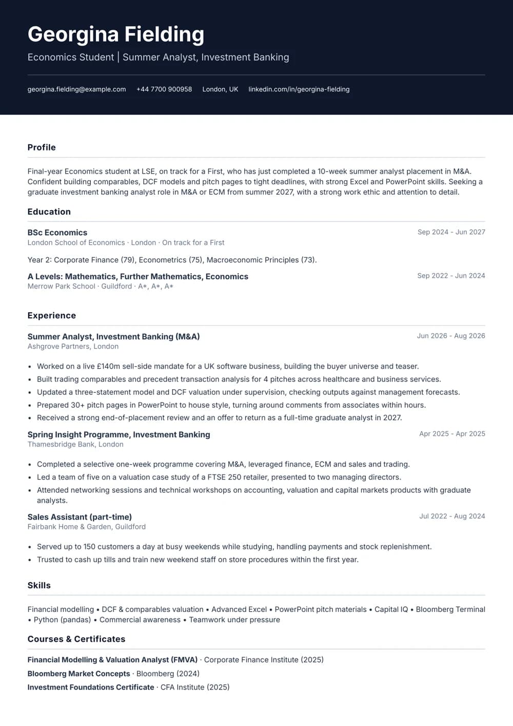summer analyst cv template