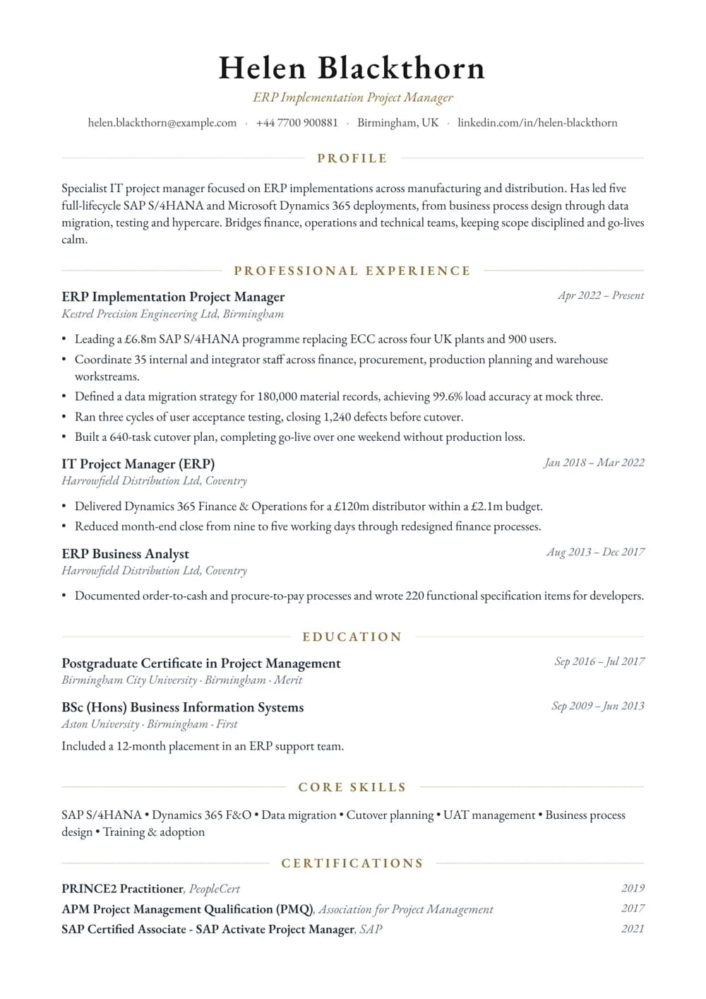 ERP Implementation Project Manager CV template