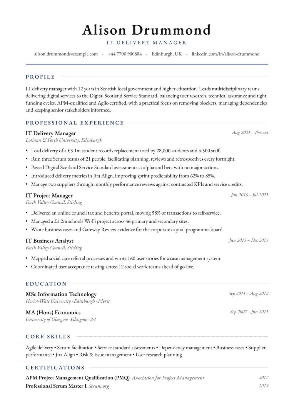 IT Delivery Manager CV template