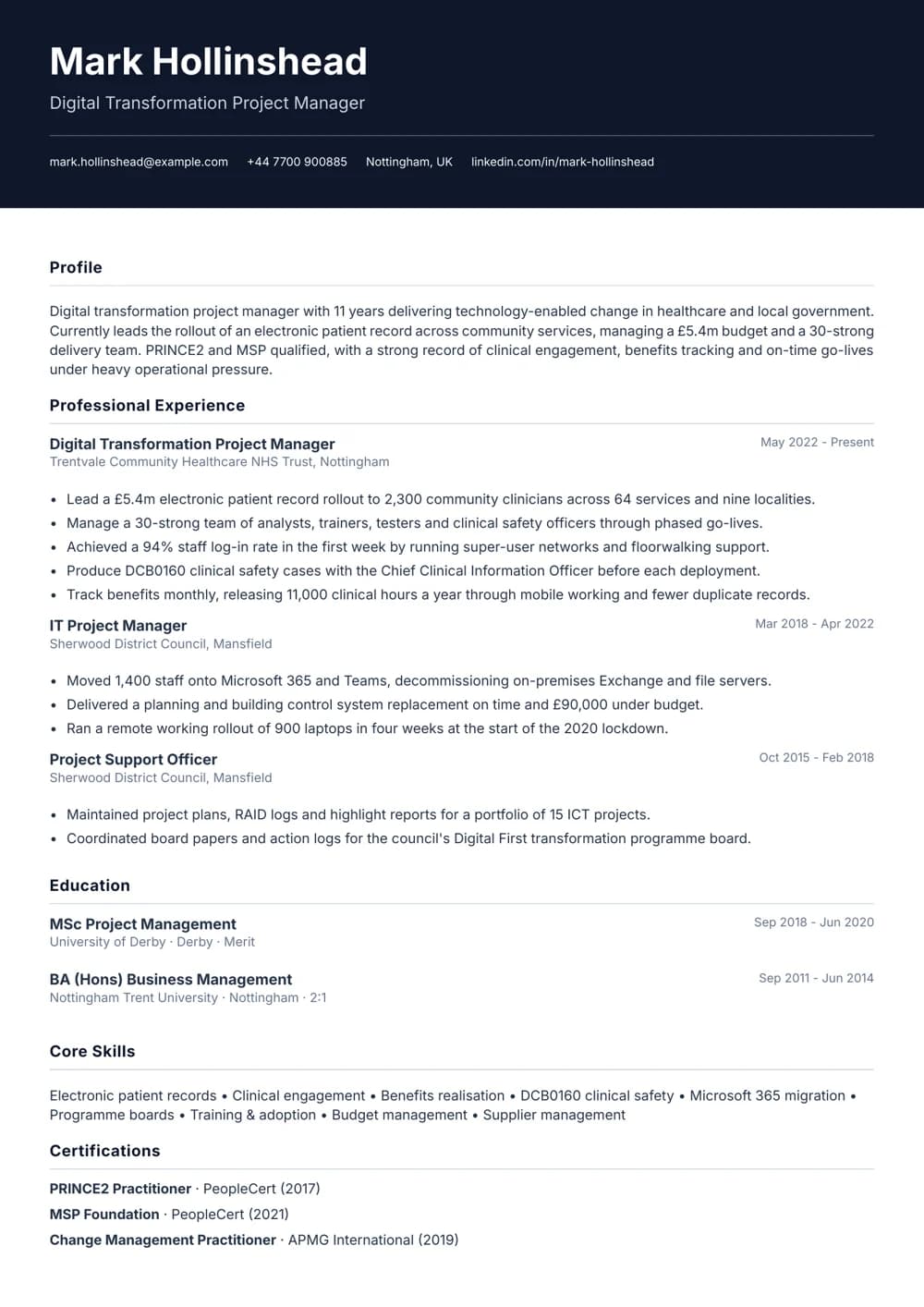 Digital Transformation Project Manager CV template