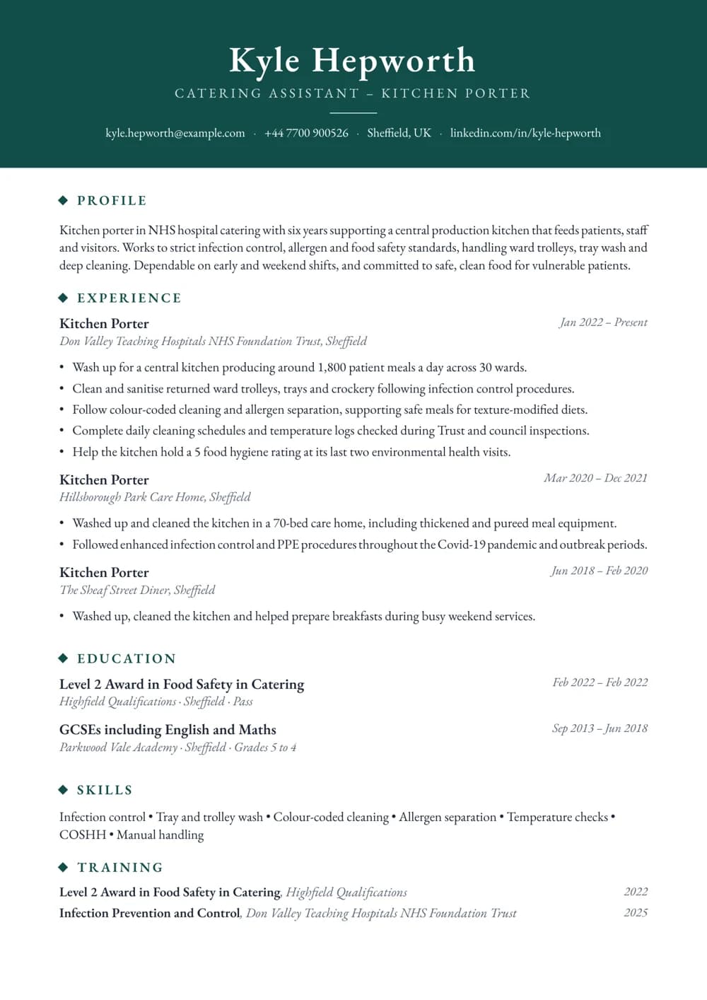 hospital kitchen porter cv template