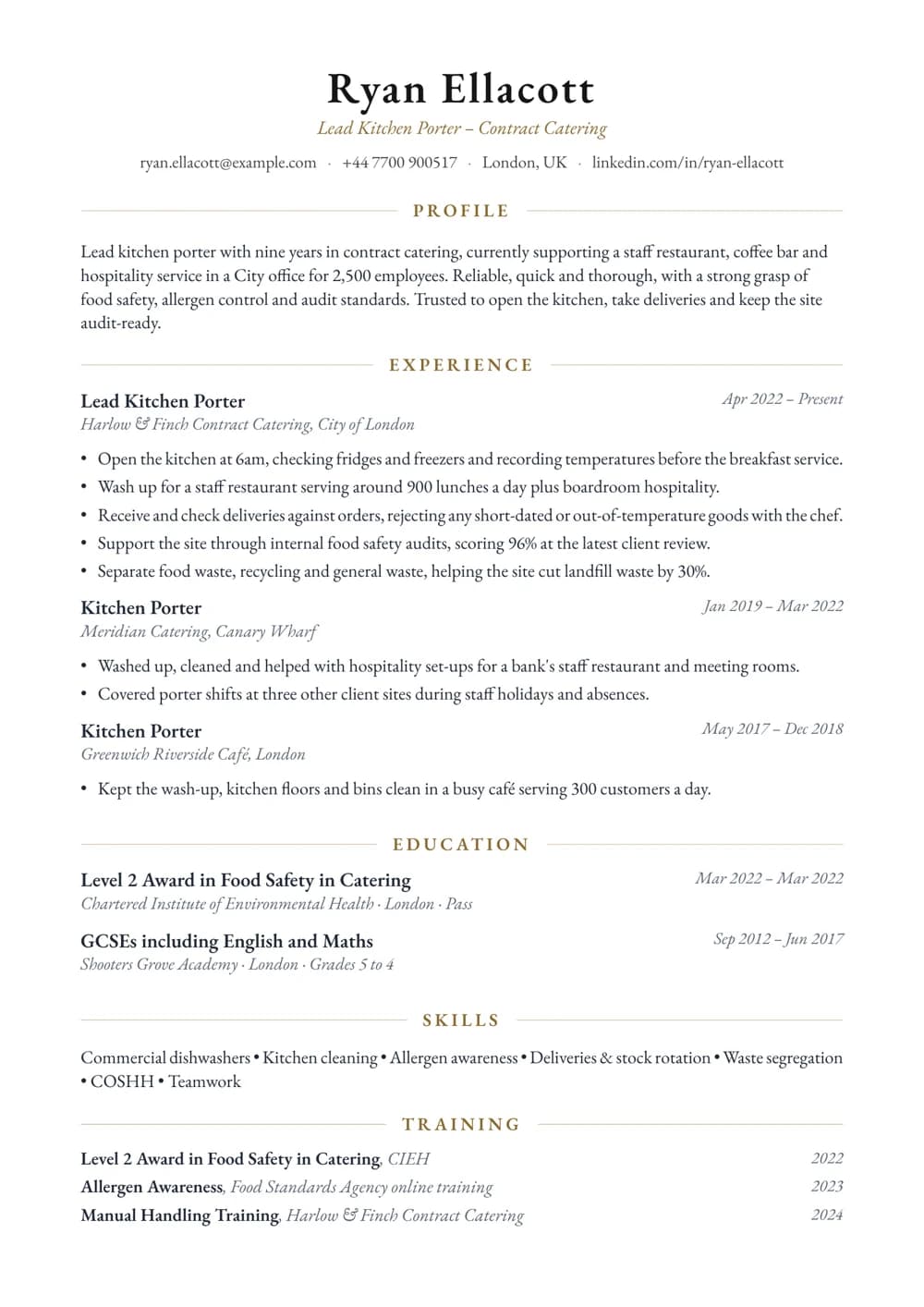 Contract Catering Kitchen Porter CV template