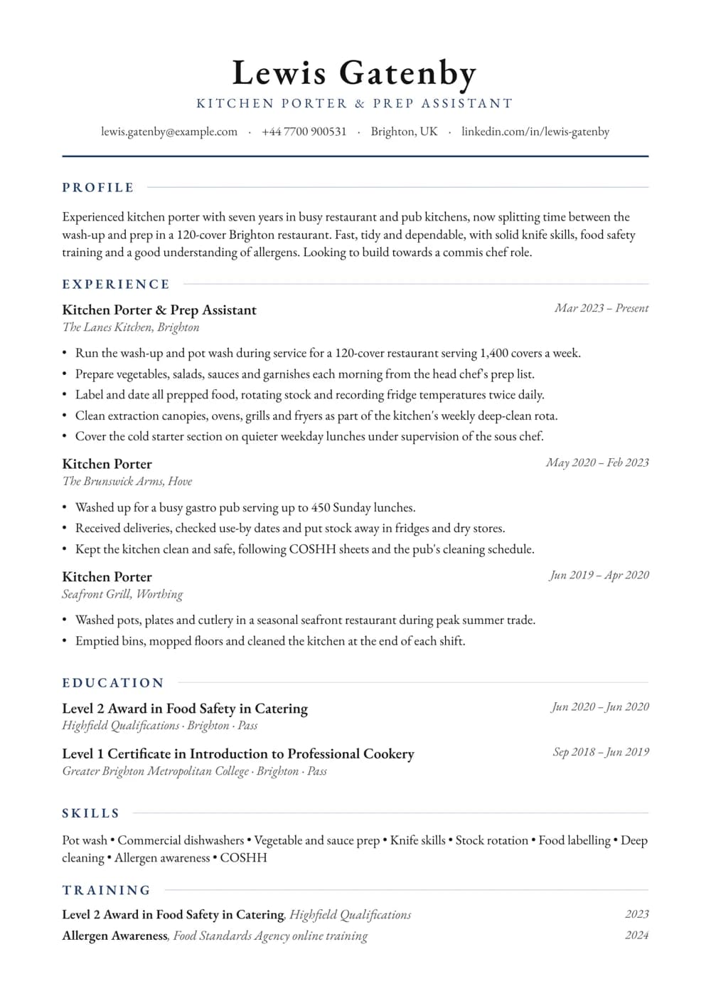 Kitchen Porter & Prep Assistant CV template