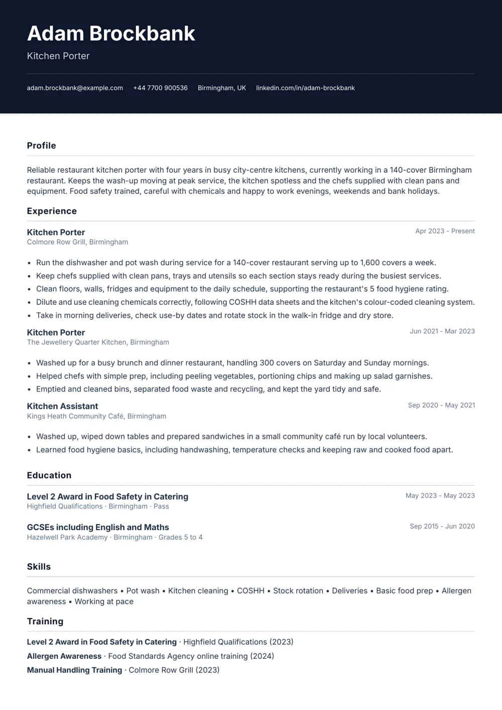 restaurant kitchen porter cv template