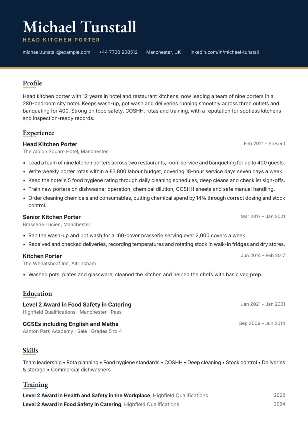 head kitchen porter cv template