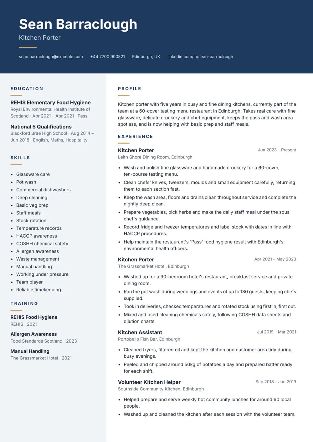 Fine Dining Kitchen Porter CV template