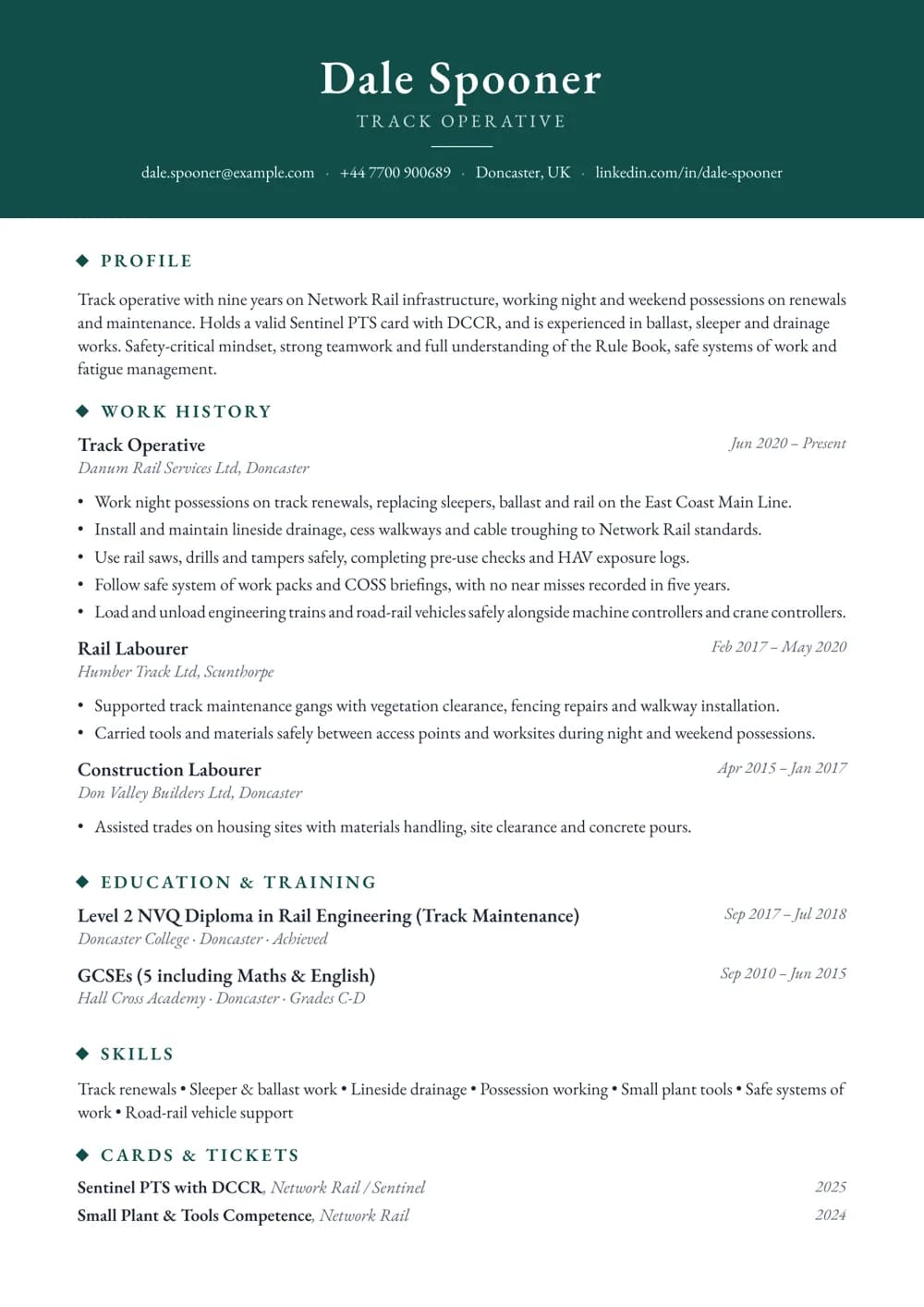rail track labourer cv template