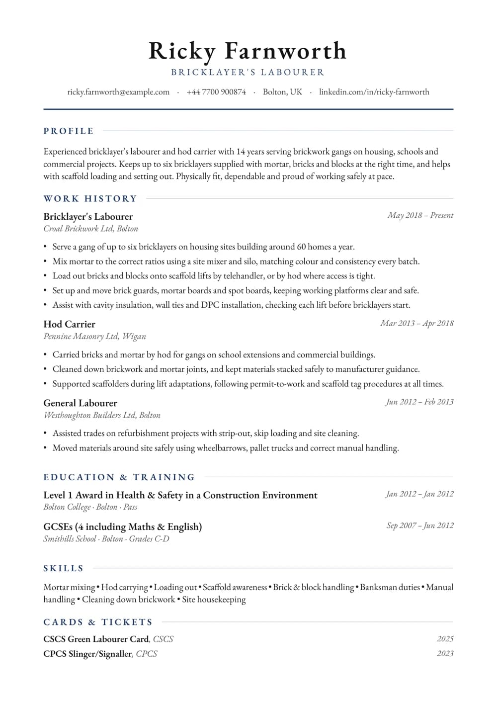 Bricklayer's Labourer CV template