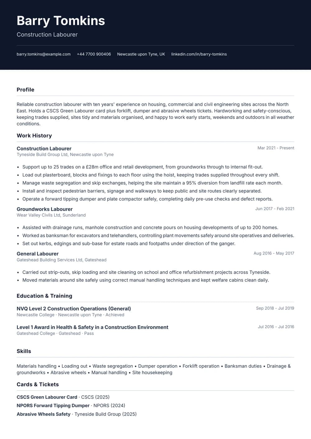 construction labourer cv template