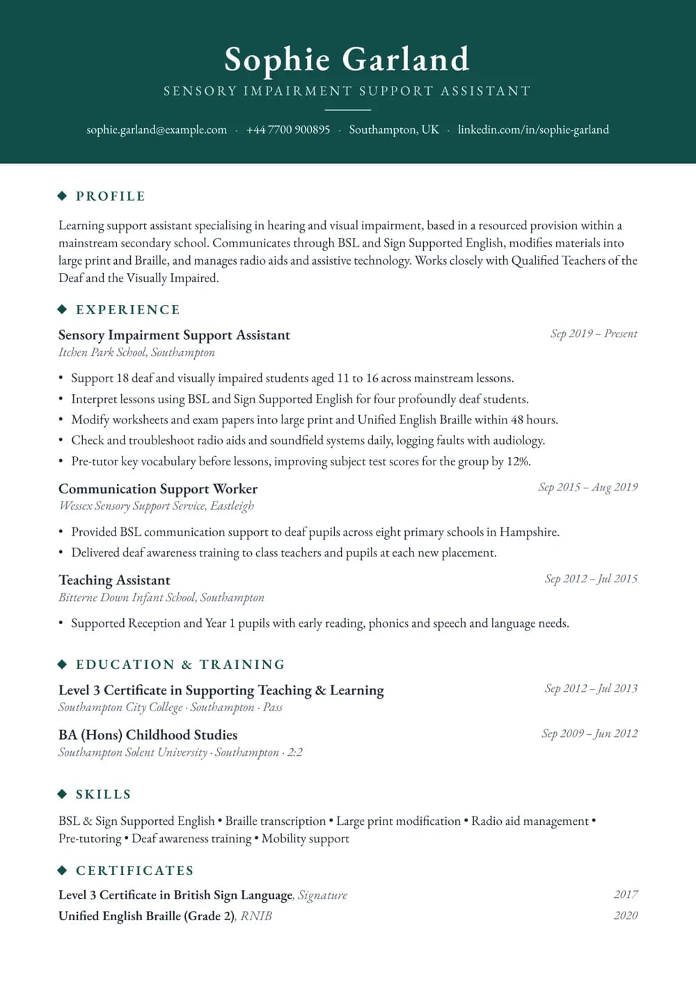 Sensory Impairment Support Assistant CV template