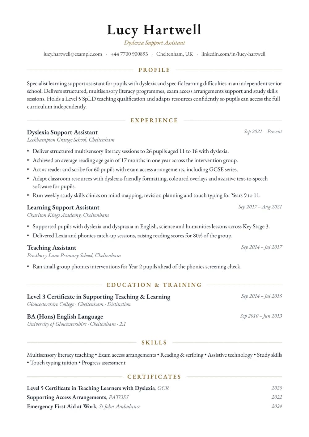 Dyslexia Support Assistant CV template
