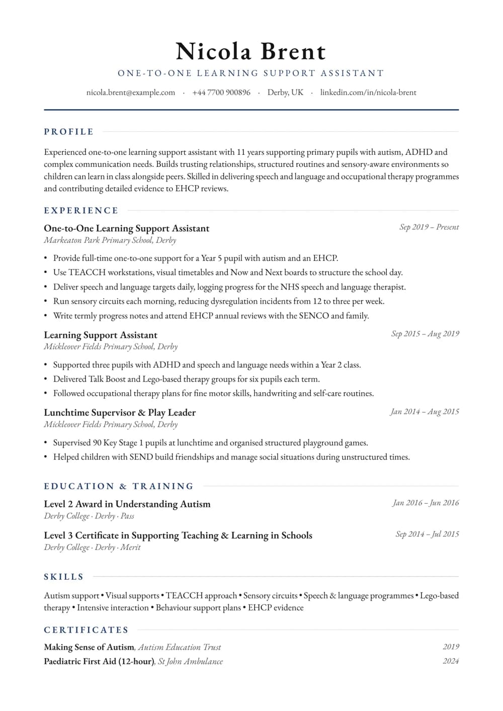 One-to-One Learning Support Assistant CV template