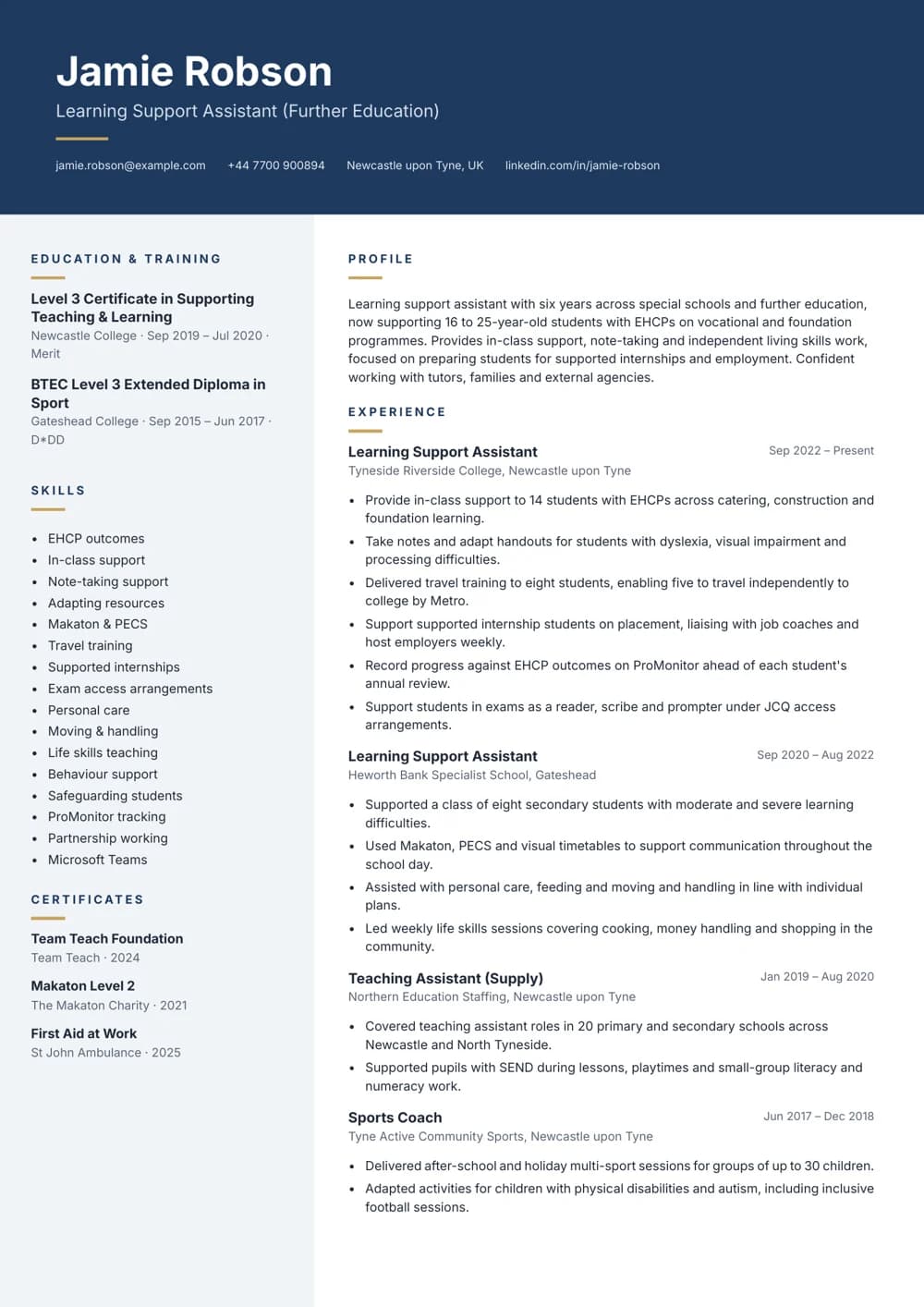 FE Learning Support Assistant CV template