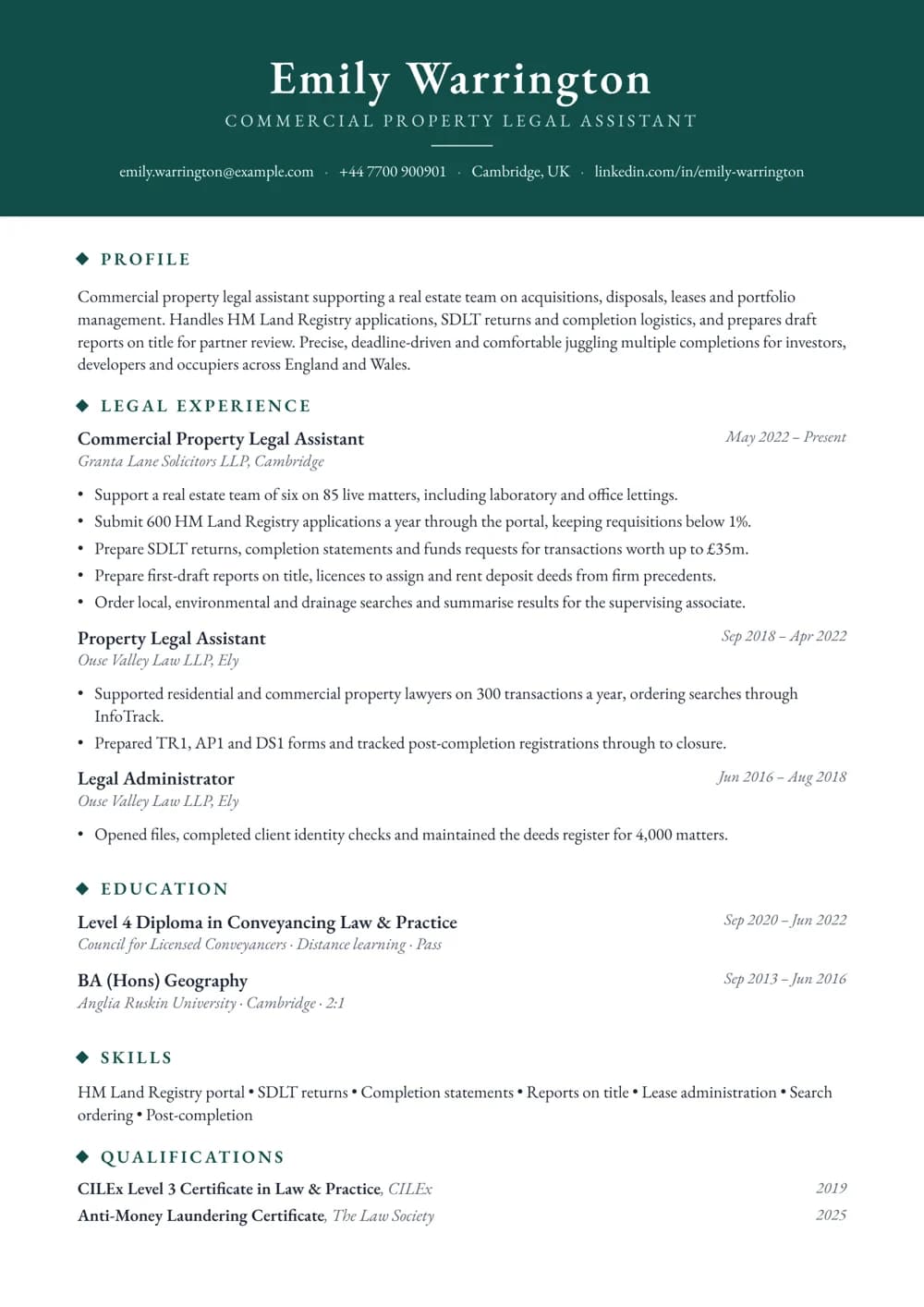Commercial Property Legal Assistant CV template