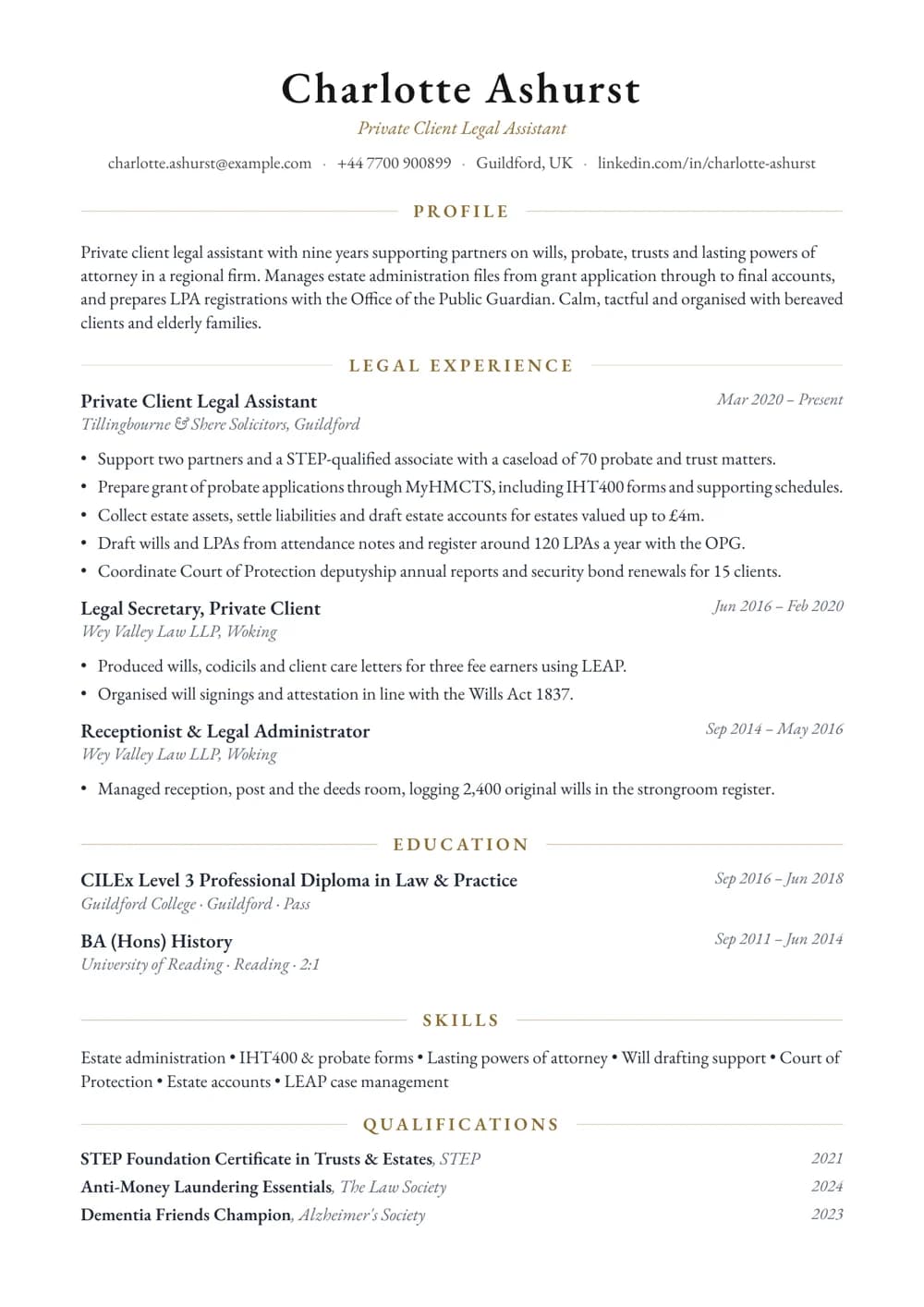 Private Client Legal Assistant CV template