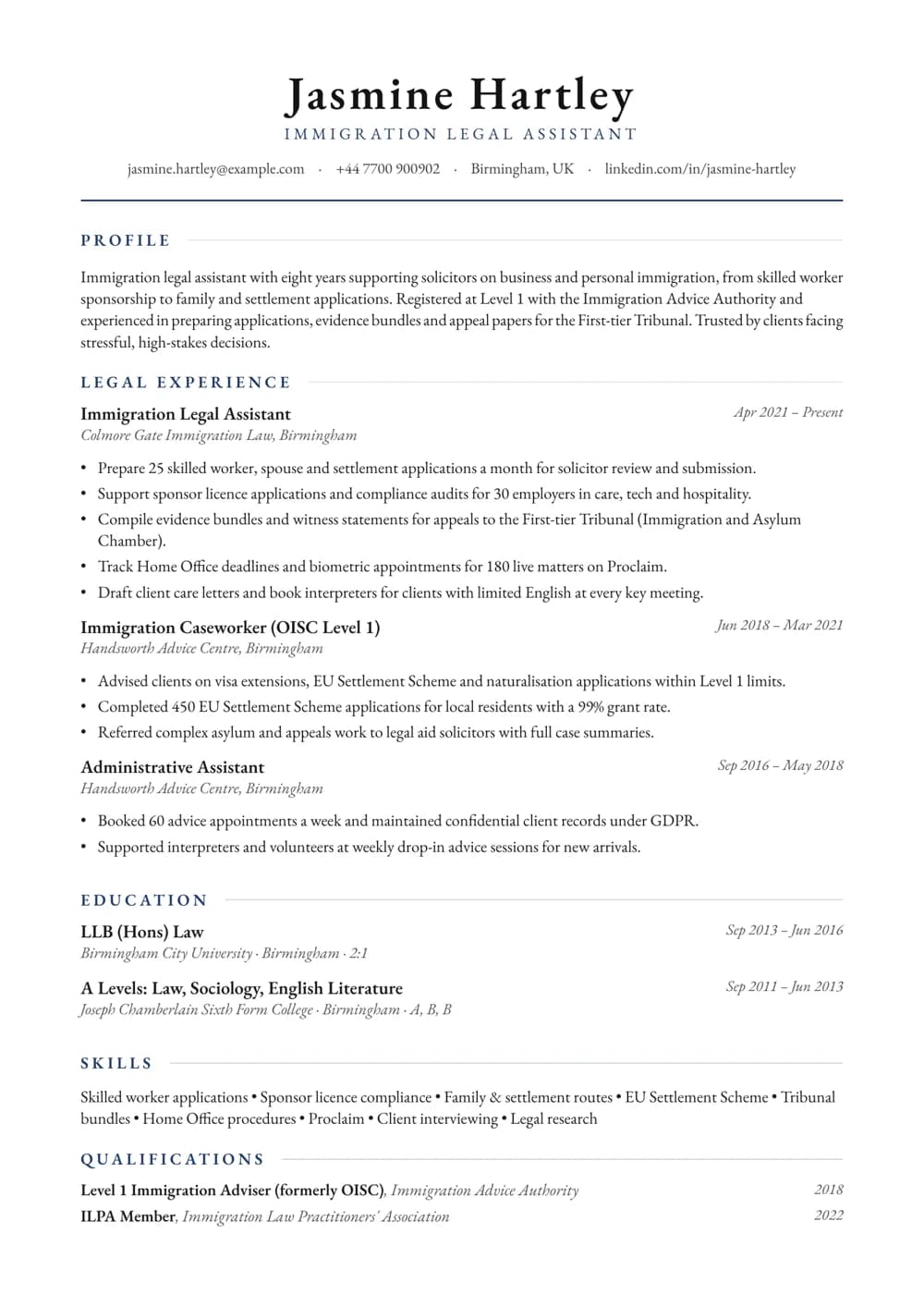 Immigration Legal Assistant CV template