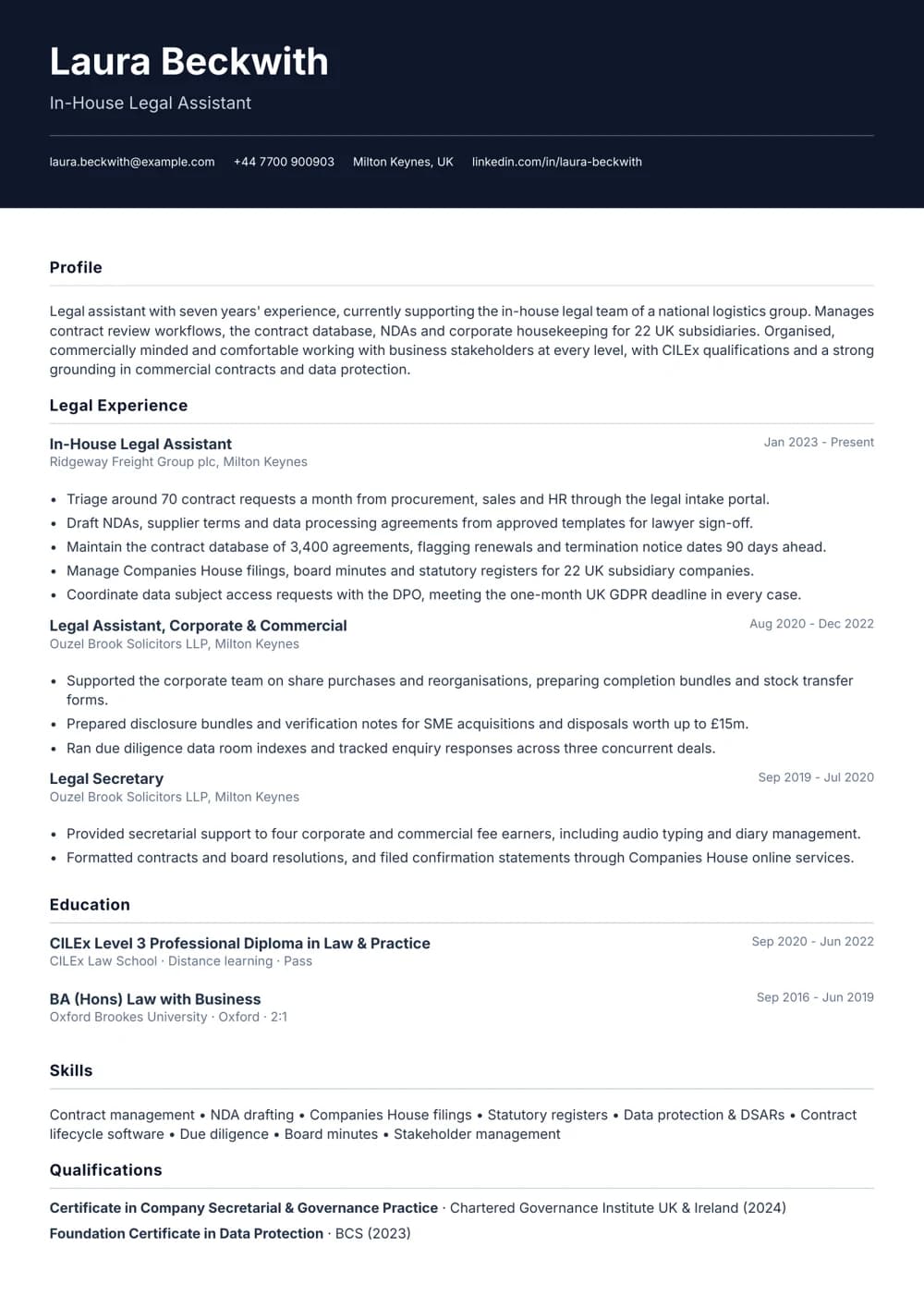 In-House Legal Assistant CV template