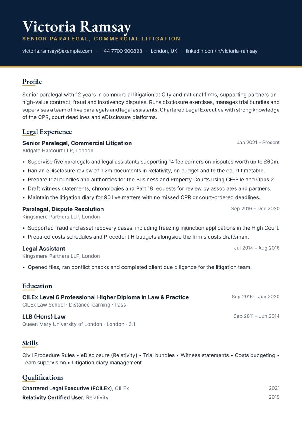 Senior Paralegal CV template
