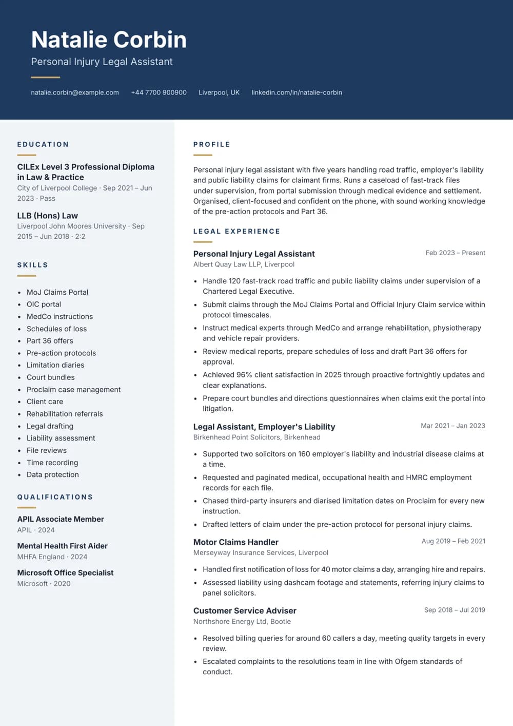 Personal Injury Legal Assistant CV template
