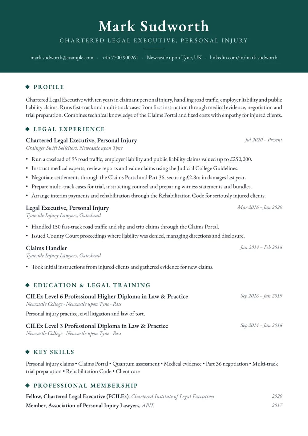 Personal Injury Legal Executive CV template