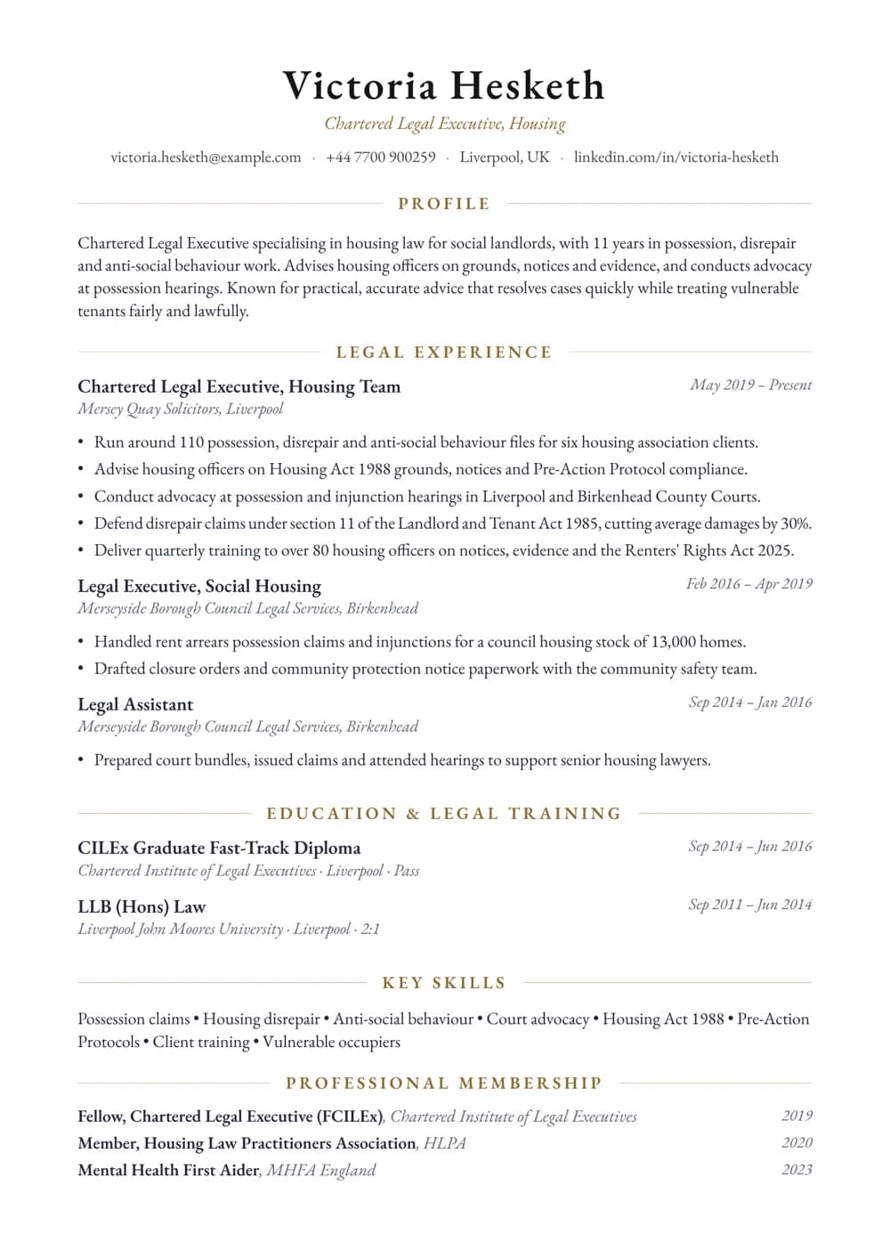 Housing Law Legal Executive CV template