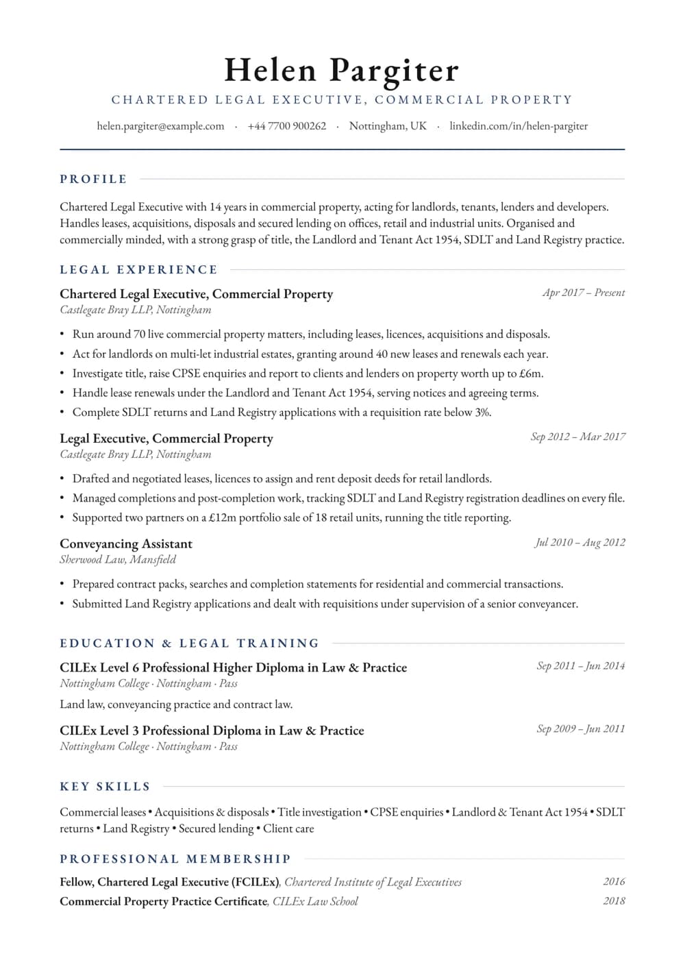 Commercial Property Legal Executive CV template