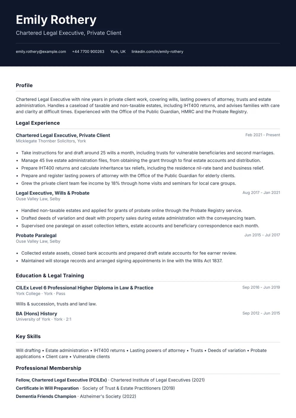 Wills & Trusts Legal Executive CV template