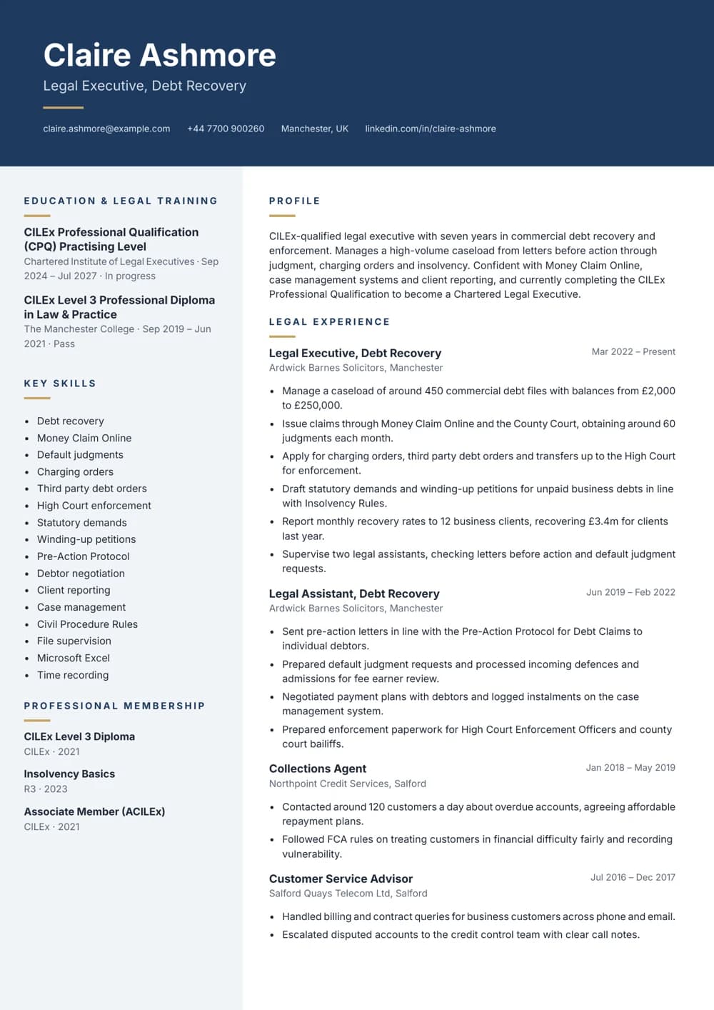 Debt Recovery Legal Executive CV template