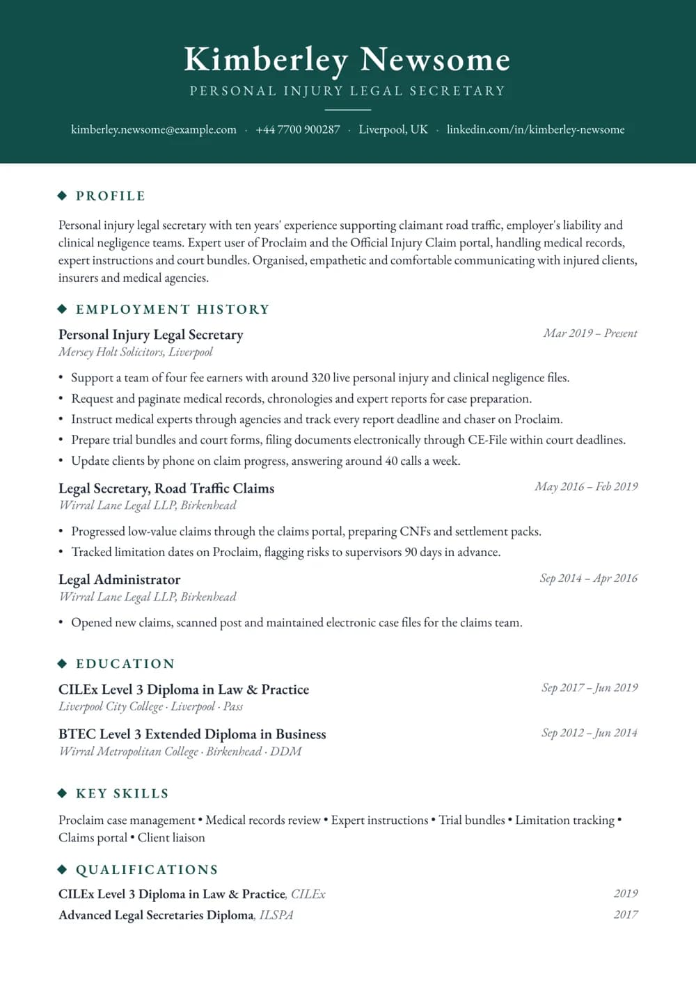 personal injury legal secretary cv template