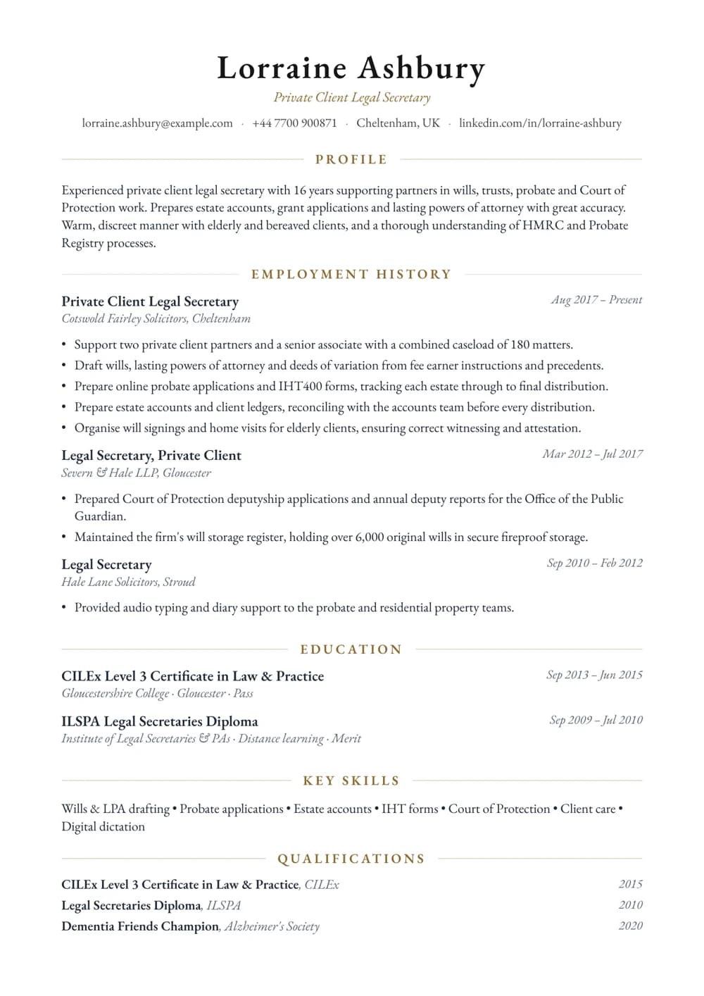 Private Client Legal Secretary CV template