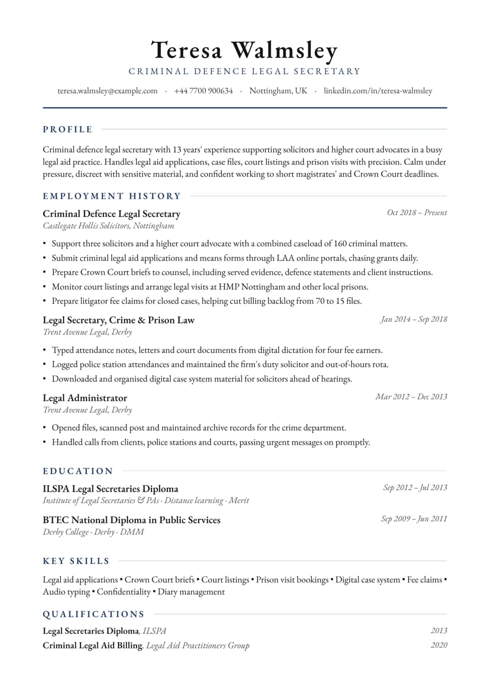 Criminal Defence Legal Secretary CV template