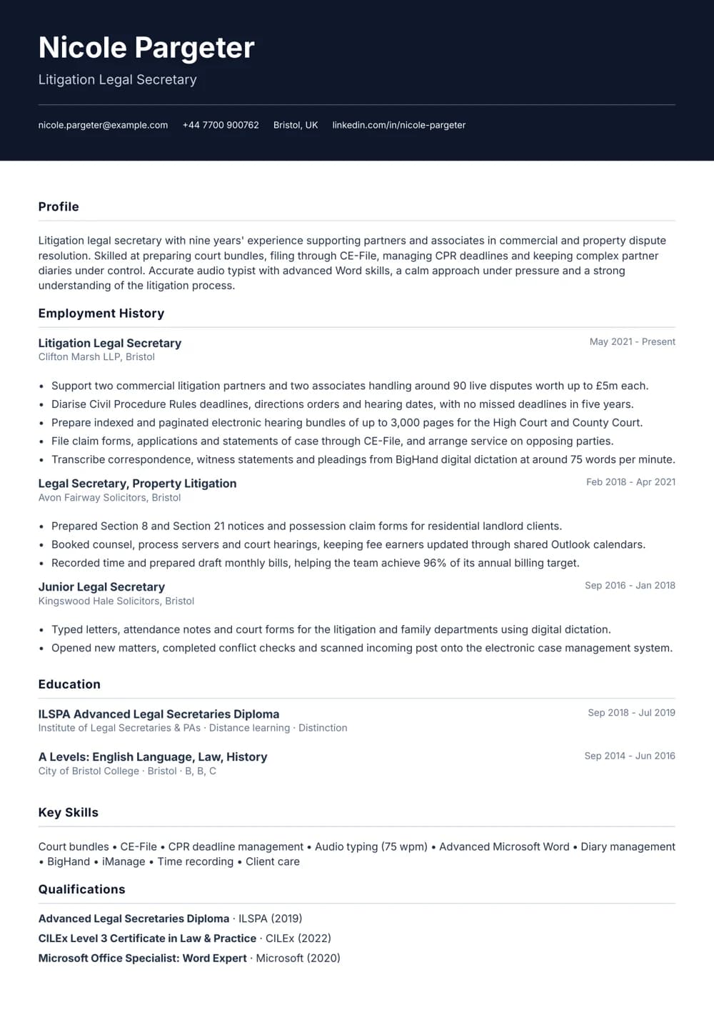 litigation legal secretary cv template