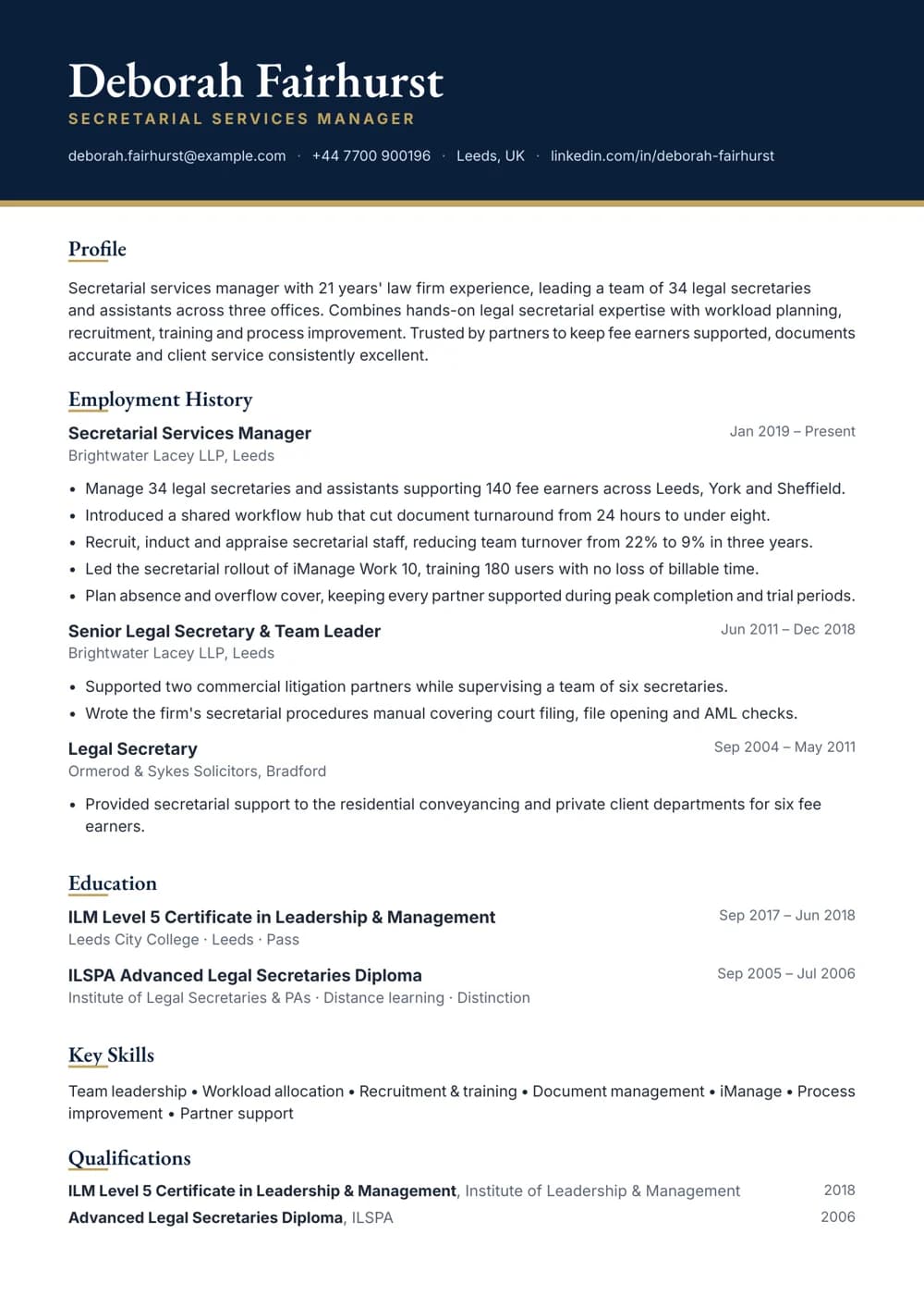 legal secretarial team manager cv template