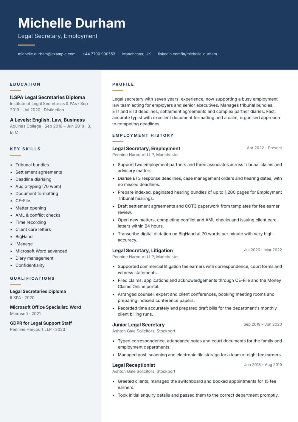 Employment Law Secretary CV template
