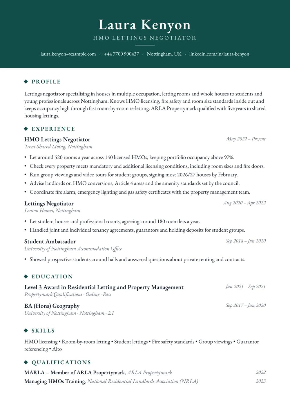 HMO Lettings Negotiator CV template