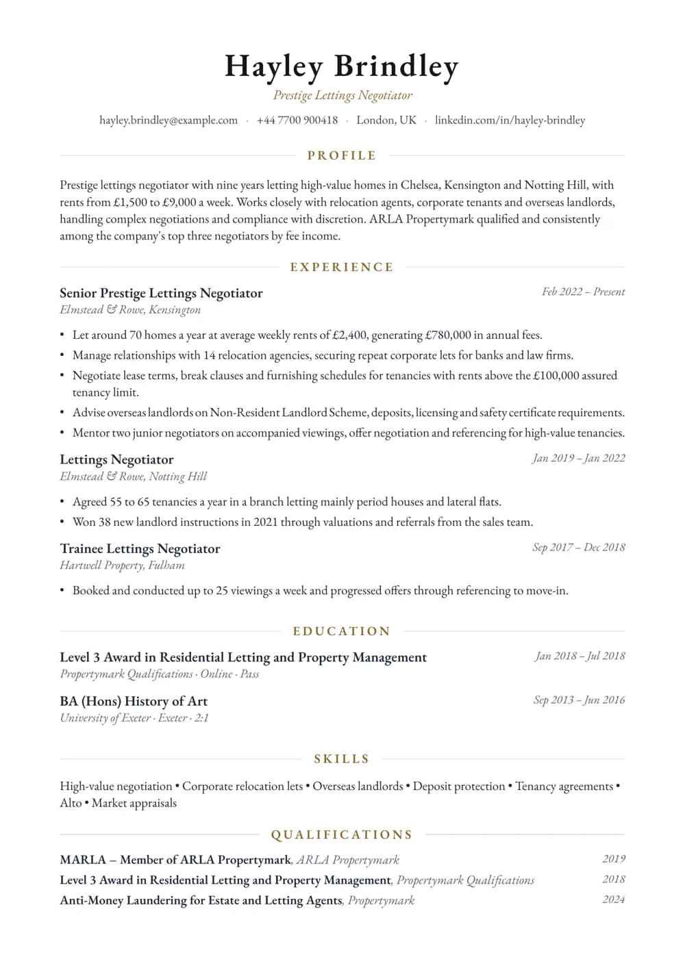 Prestige Lettings Negotiator CV template