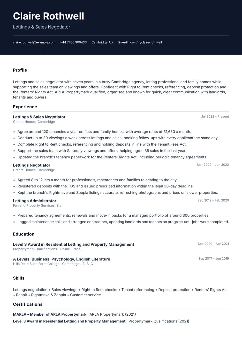 Lettings & Sales Negotiator CV template